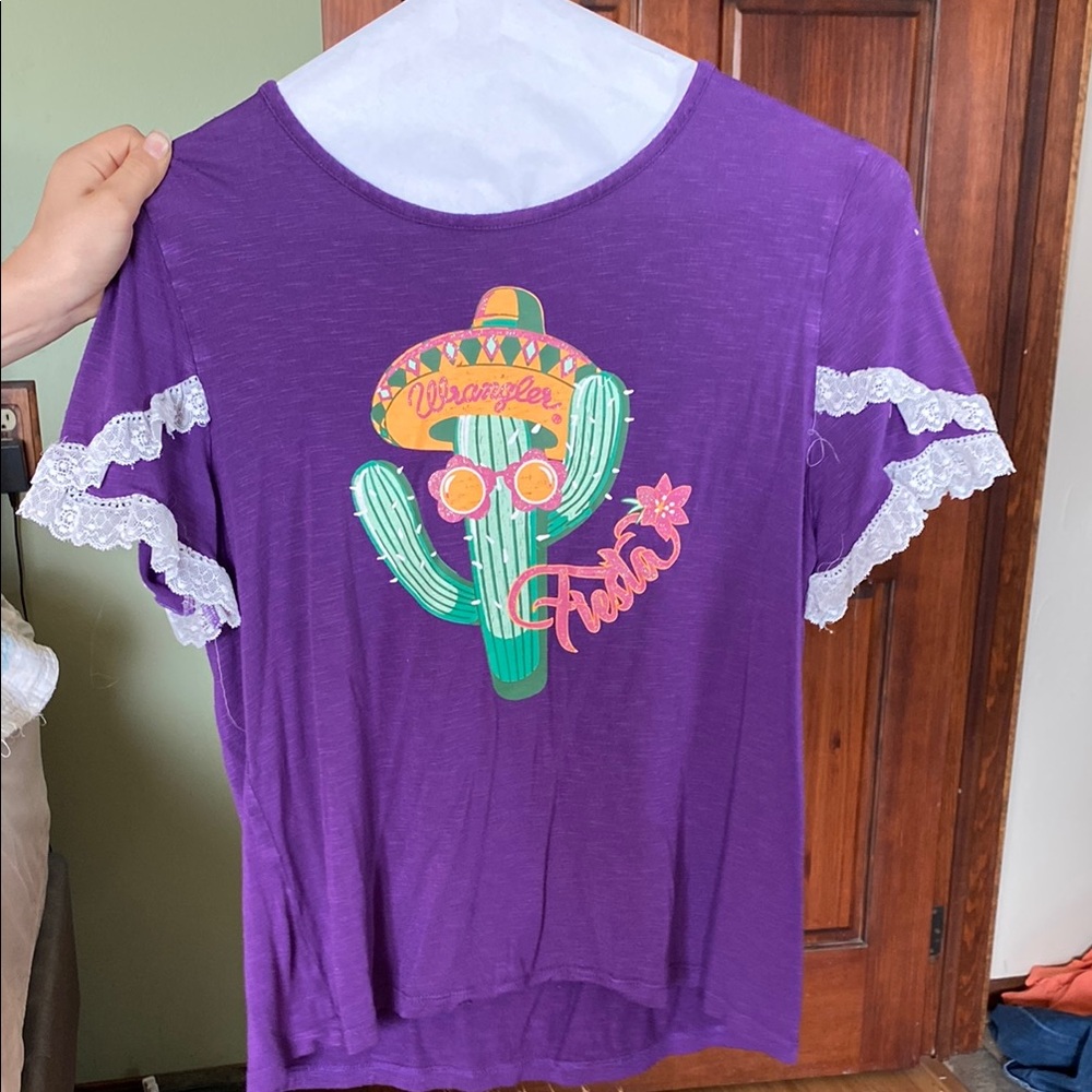 Wrangler Purple Graphic Tee with Lace Sleeves